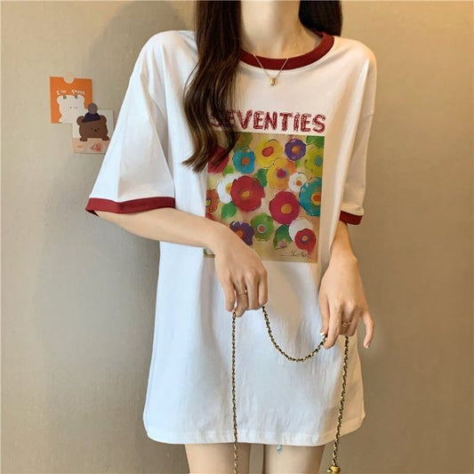 着せ 配色 プリント ロング Tシャツ 四色 ゆったり半袖 ＜S-3019＞