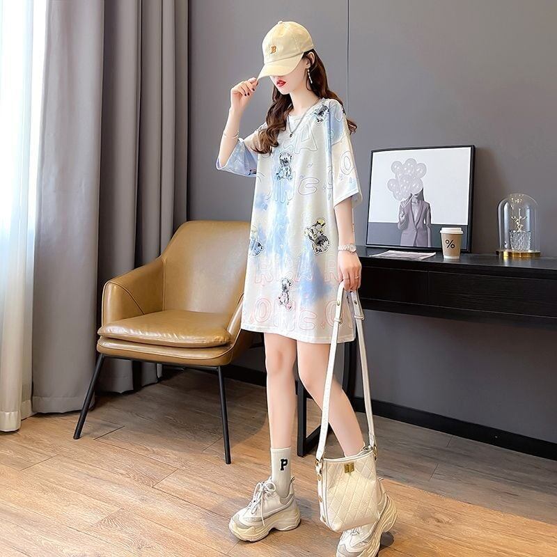 大好評 絞り染め クマ柄 ロング Tシャツ ゆったり半袖 ＜S-3990＞