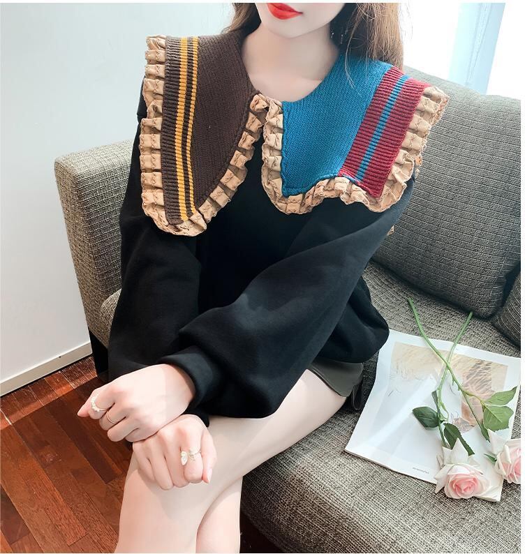 【秋の初めの割引！！】好感度UP フリル 折り襟 二色 配色 スウェット長袖Tシャツ＜S-3999＞