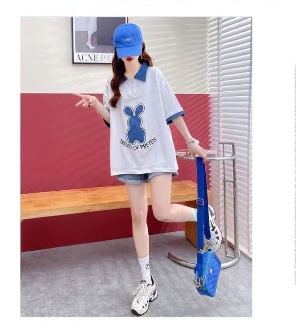 韓国系 ウサギちゃん POLOネック プリントTシャツ 三色 ゆったり半袖 ＜S-3056＞
