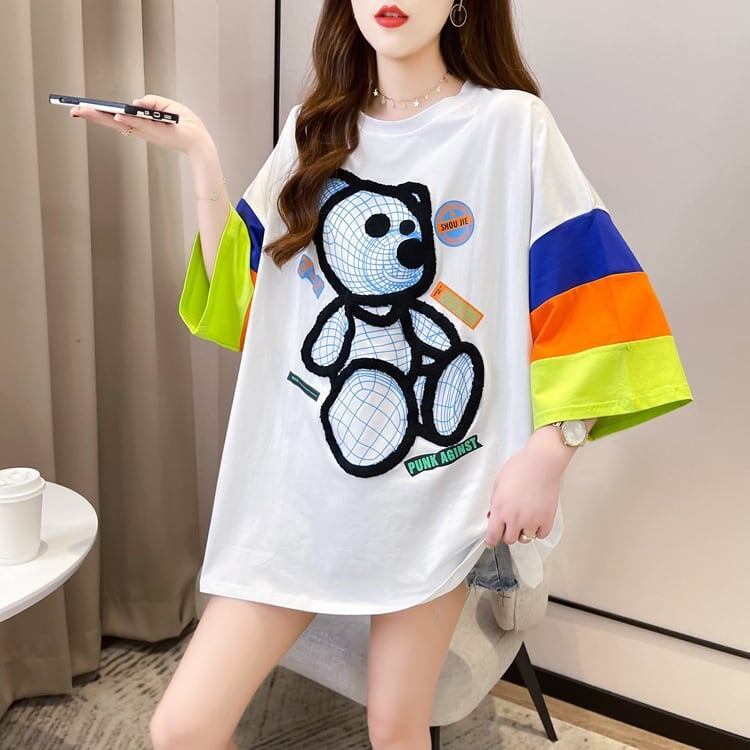 超人気商品 カラーマッチング ベアー柄 切り替え プリント ロング Tシャツ ゆったりワンピース ＜S-4024＞