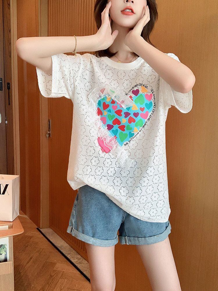 新商品 透かし彫り キュート ゆったり 半袖Tシャツ＜S-8422＞