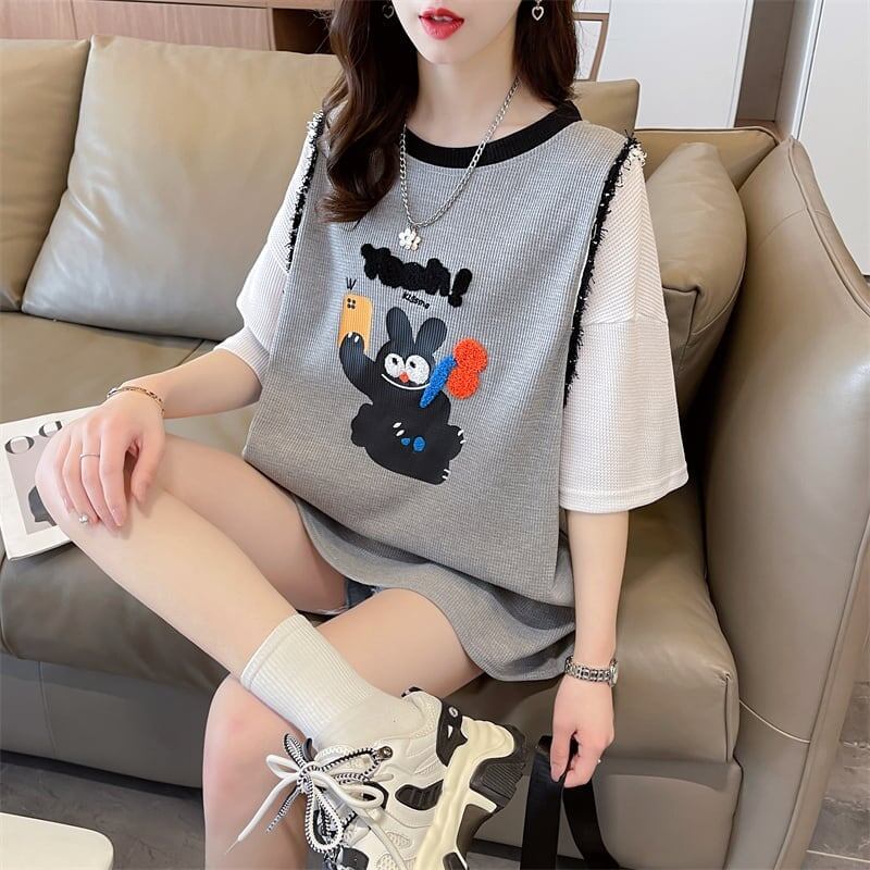 ワッフルフェイクツーピース漫画立体刺繍半袖Tシャツ<S-2871>
