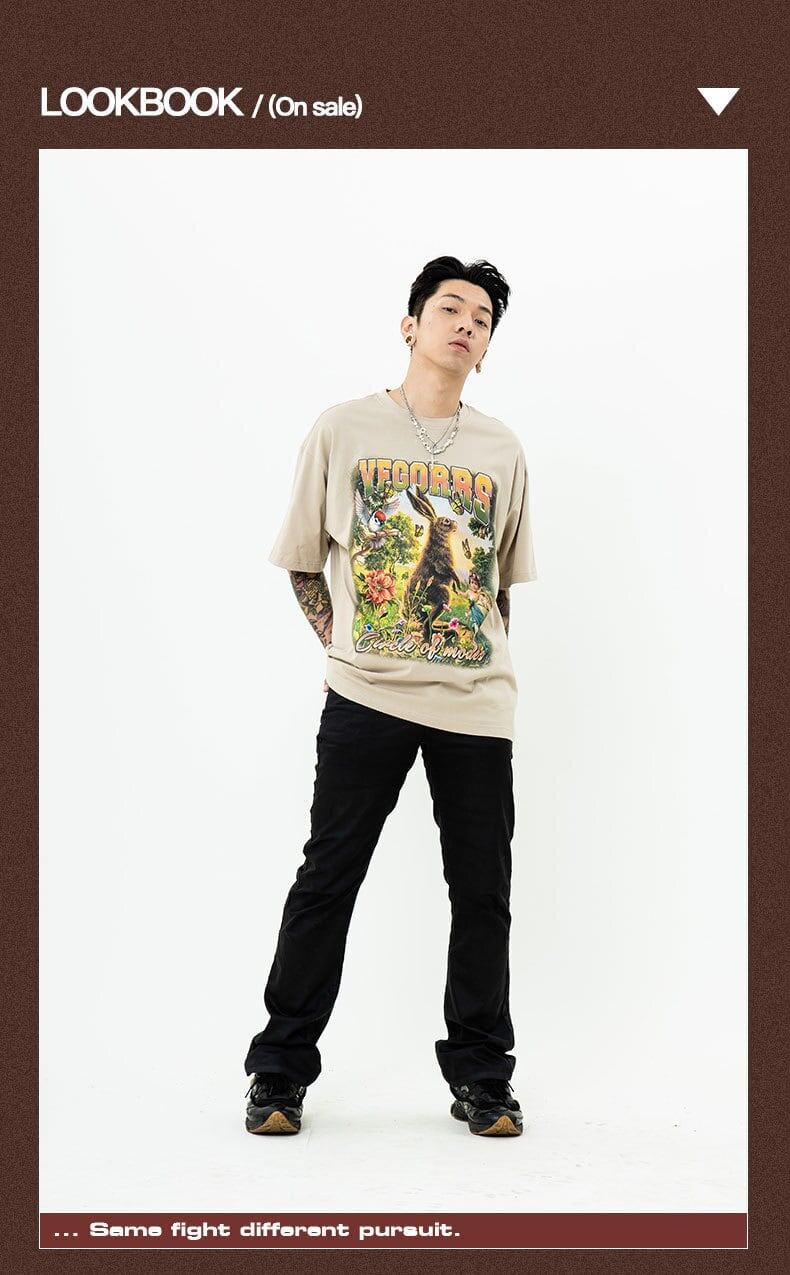 アメリカンレトロ絵画ウサギ半袖Tシャツカップル男女同スタイル<S-2910>