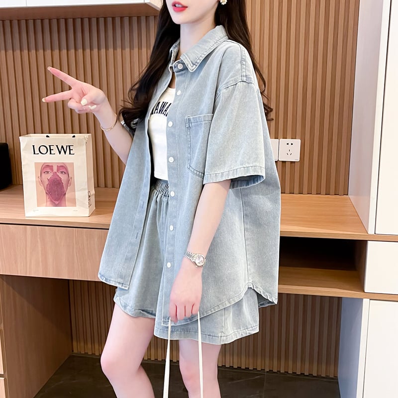 オーバーサイズ 半袖 デニム シャツ + ショートパンツ セットアップ <S-13150>
