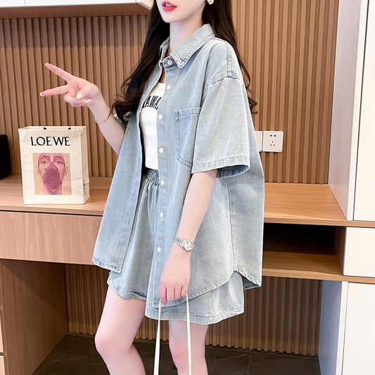 オーバーサイズ 半袖 デニム シャツ + ショートパンツ セットアップ <S-13150>