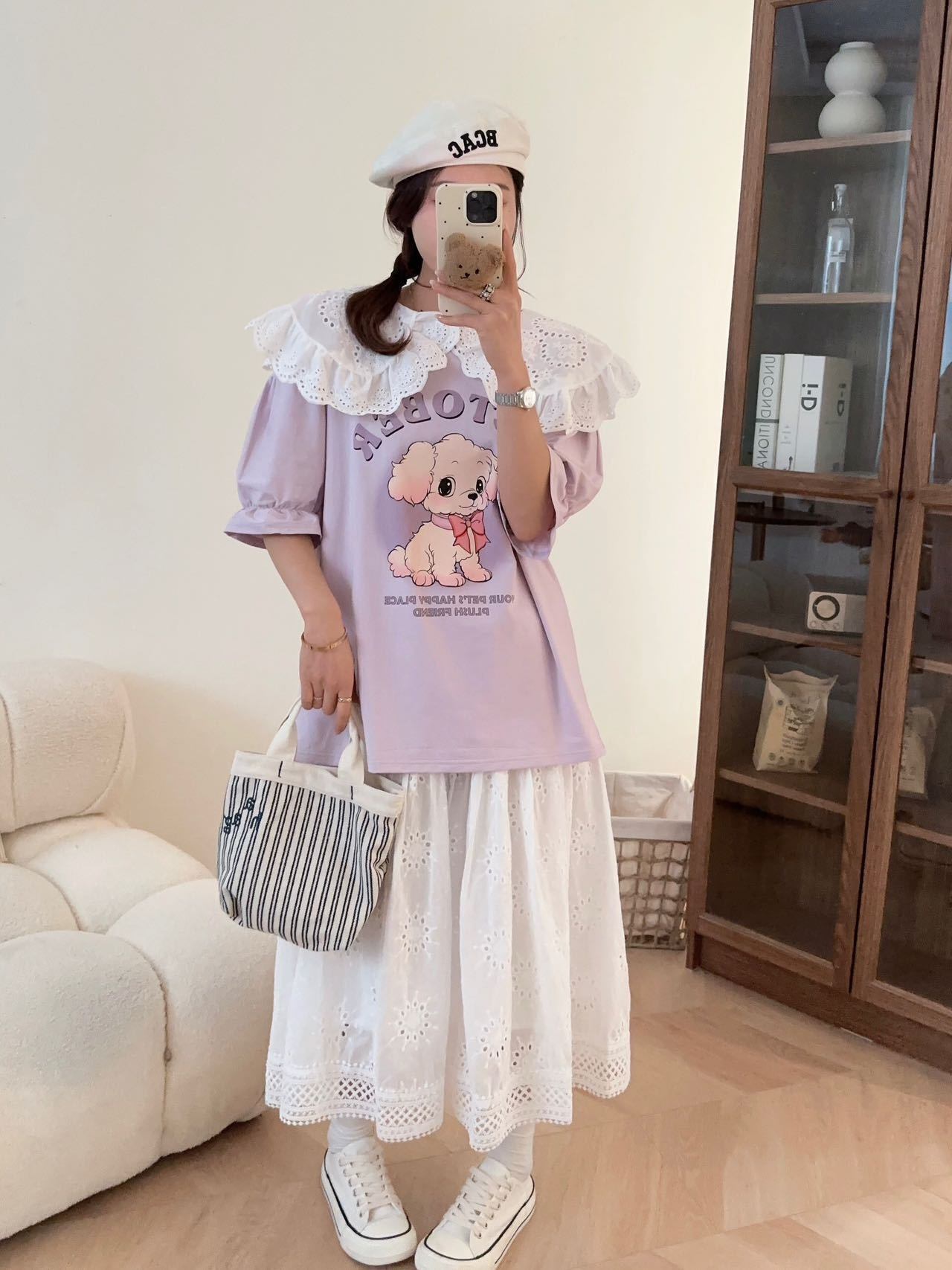 スウィート ワンちゃんロゴ 韓国系 ゆったりTシャツ半袖<S-4882>
