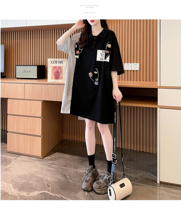 POLOネック 切り替え ストライプ柄 ロング Tシャツ ゆったりワンピース ＜S-3031＞