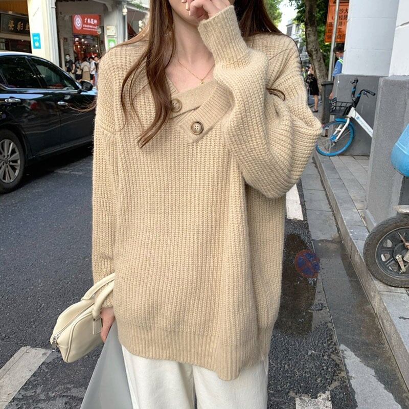 知的で品の良い Vネック 一目惚れ 無地 3色選択可 長袖 ニット セーター＜S-2572＞