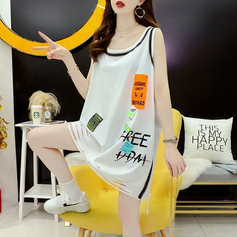 今季マストバイ ダメージ加工 デザイン性抜群 プリント全2色 ノースリーブ Tシャツ カットソー＜S-9141＞