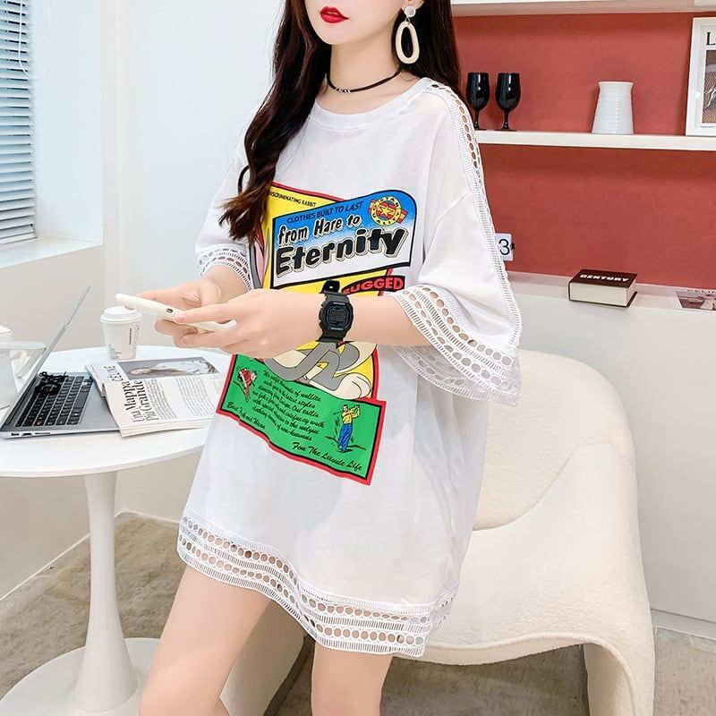 デザインセンス中空プリントTシャツルーズトップス<S-2877>