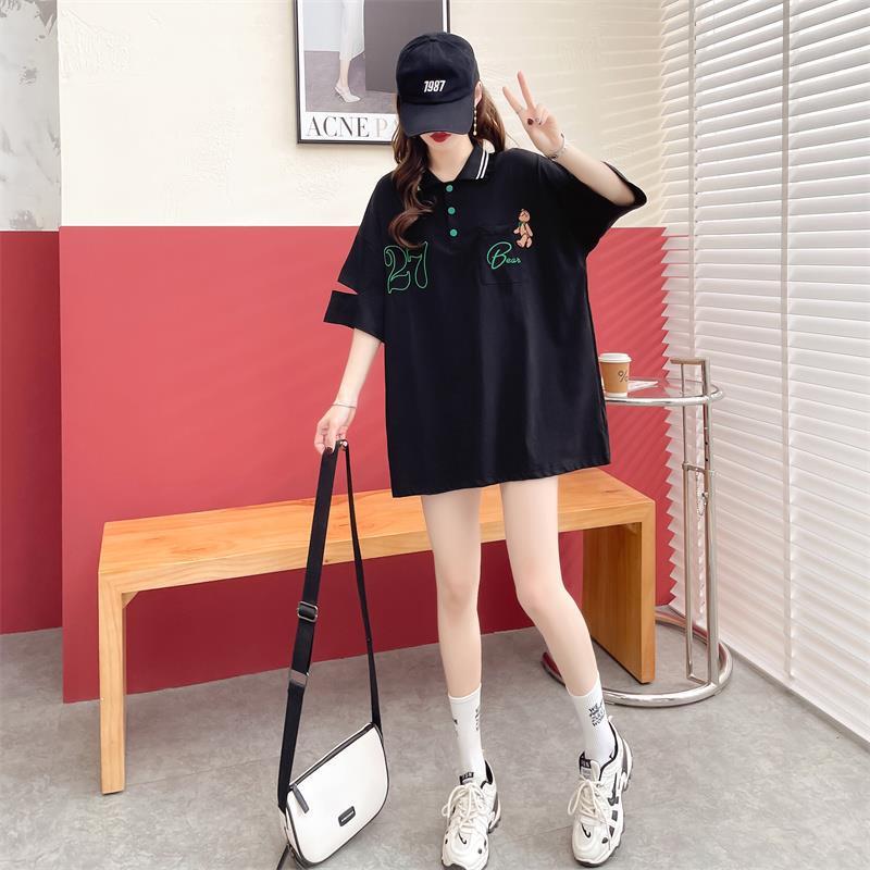 POLOネック ポケット ベアー レース ロング Tシャツ 三色 ゆったりワンピース＜S-3991＞