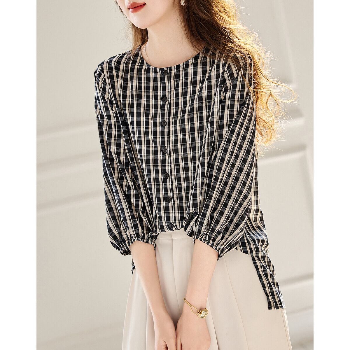定番シンプル エレガント ゆったり感アップ チェック柄 Tシャツ カットソー＜S-8368＞