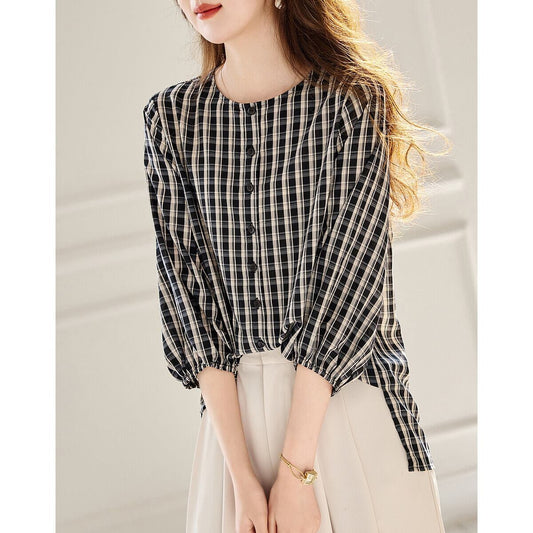 定番シンプル エレガント ゆったり感アップ チェック柄 Tシャツ カットソー＜S-8368＞