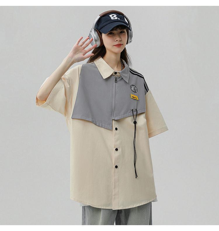 シンプルだけど一癖あるコーデ 切り替え レイヤード風 全2色 半袖Tシャツ<S-9046>