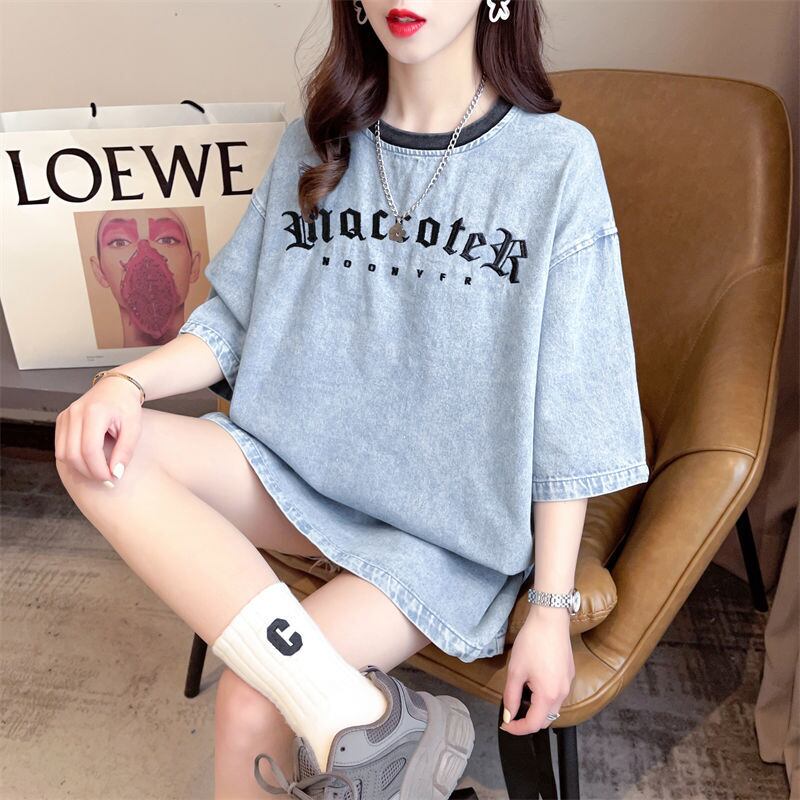 人気商品再入荷 アバンギャルド 着回し力抜群 ルーズ デニム 半袖Tシャツ<S-8804>
