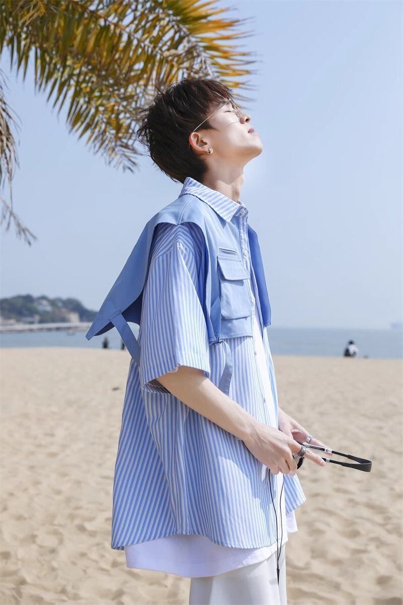 絶対流行 レイヤード風 早い者勝ち 切り替え ストライプ柄 全3色 半袖Tシャツ<S-9048>