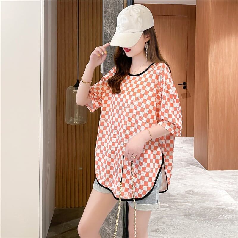 好感度満載 ラウンドネック 女性力を高める チェック柄 Tシャツ カットソー＜S-2985＞