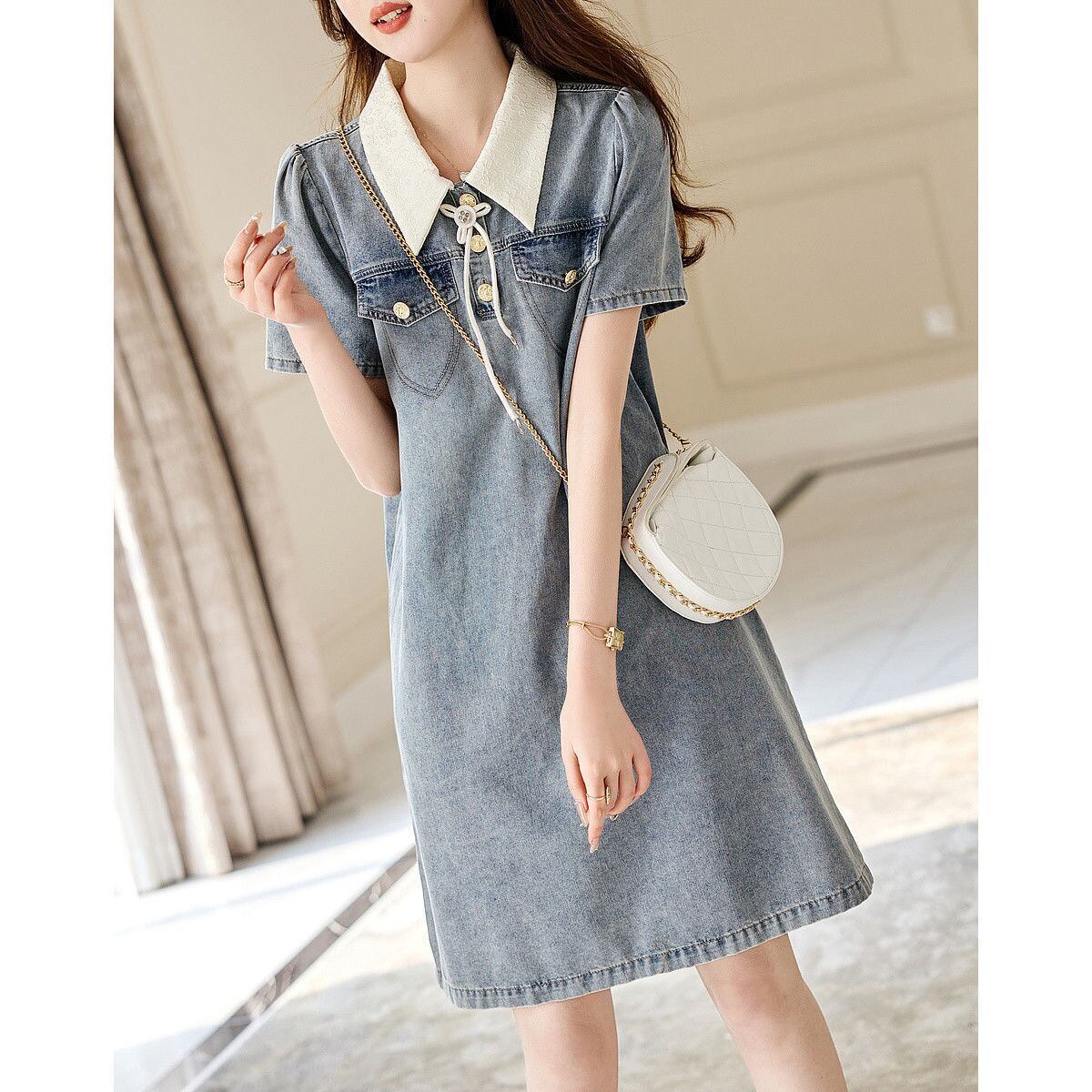 今季マストバイ 切り替え ファッション デニム 半袖ワンピース<S-8365>