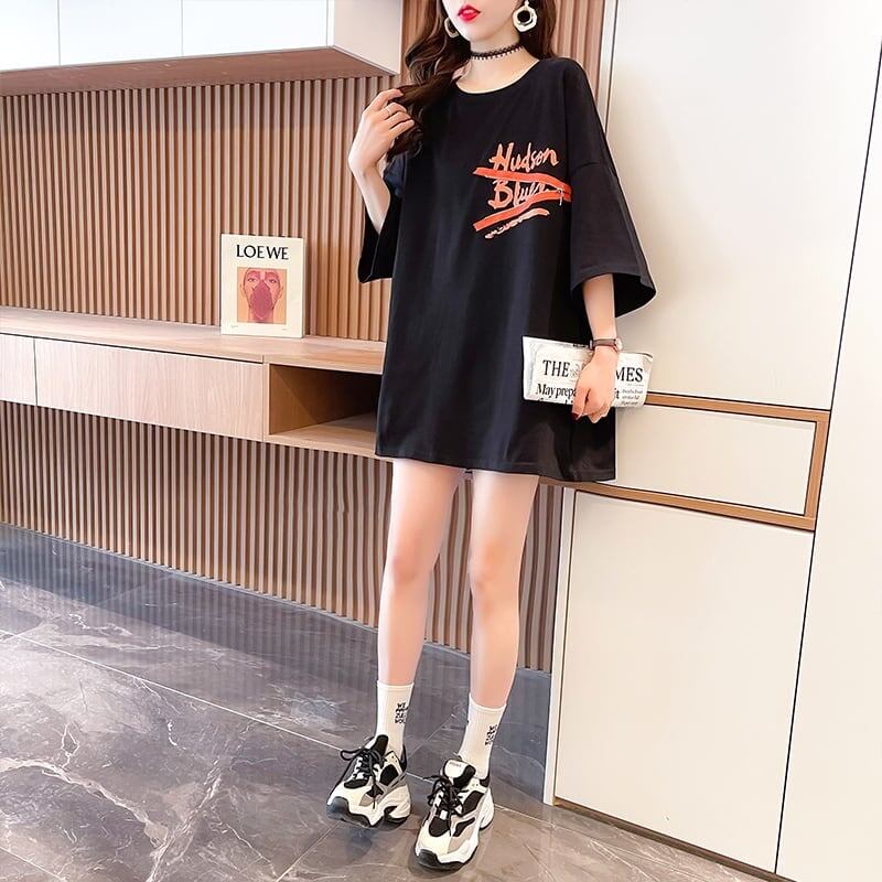 デザイン個性ゆったりミドル丈半袖Tシャツ<S-3036>