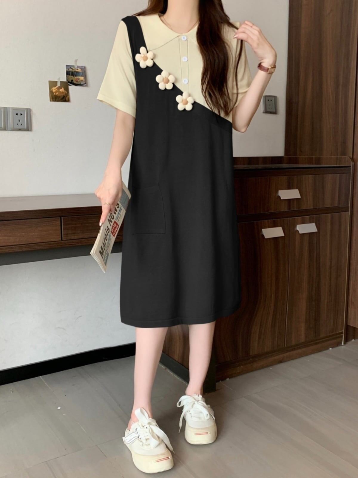 大人可愛い カジュアル 上質 切り替え レイヤード風 2色選択可 ワンピース<S-8888>