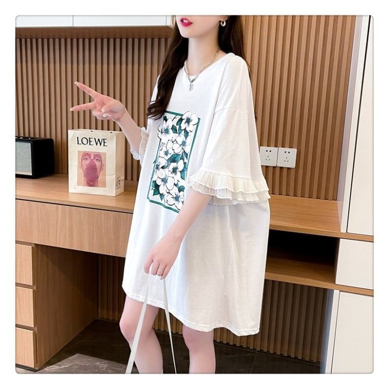 優しい雰囲気 プリント フリル切り替え ロングTシャツ ゆったり半袖＜S-2891＞