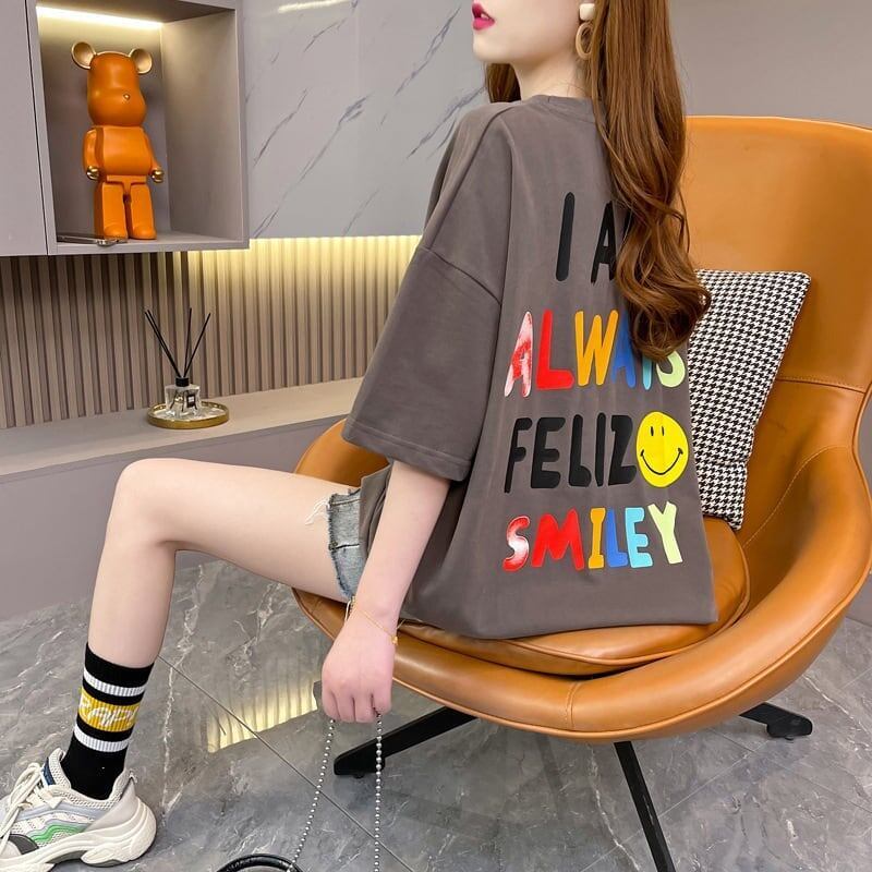 レインボースマイリーファッションオールマッチルーズ半袖Tシャツ<S-2860>