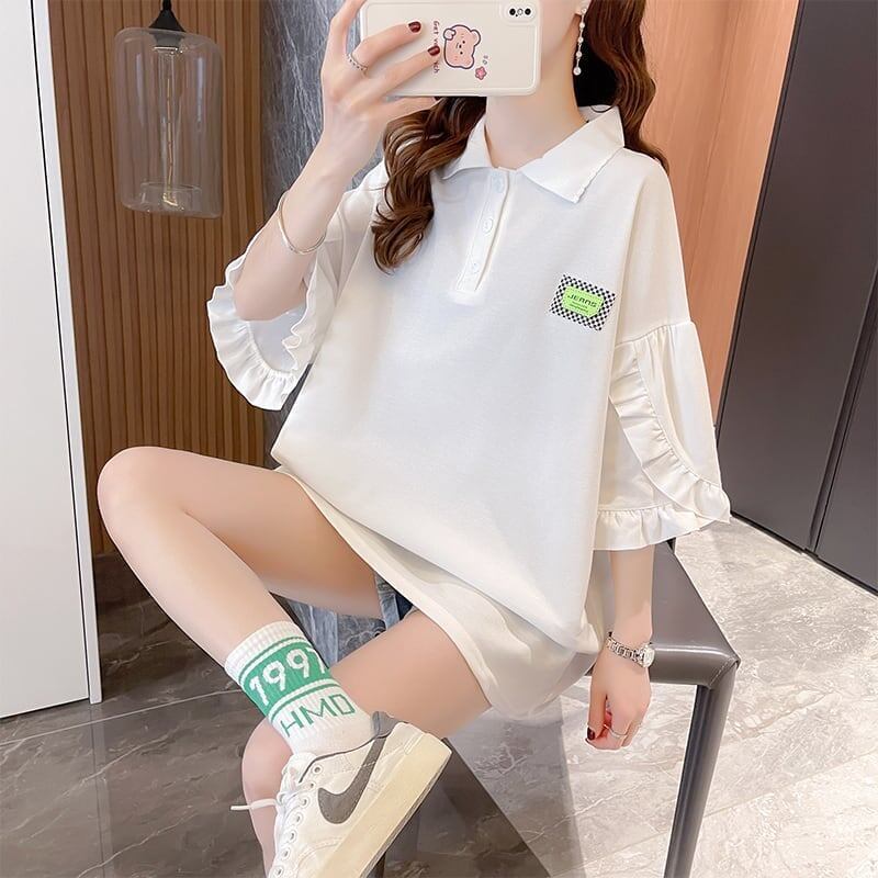 おすすめ POLOネック シンプル フリル ロング Tシャツ 三色 ゆったり半袖 ＜S-3055＞