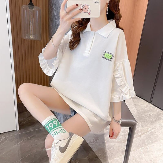おすすめ POLOネック シンプル フリル ロング Tシャツ 三色 ゆったり半袖 ＜S-3055＞