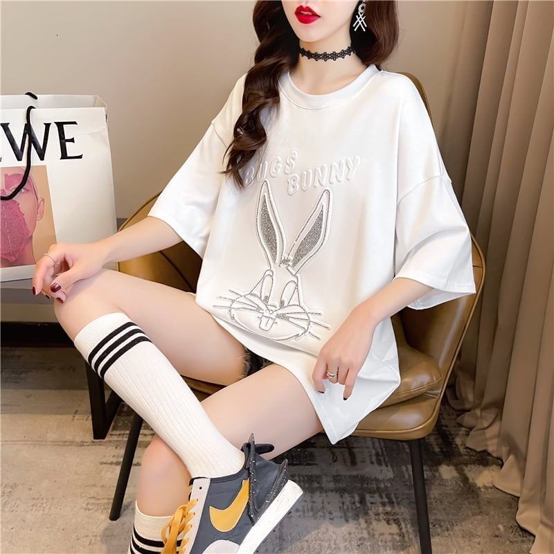 美人度アップ ウサギ ビジュー ロング Tシャツ 三色 ゆったり半袖＜S-2945＞
