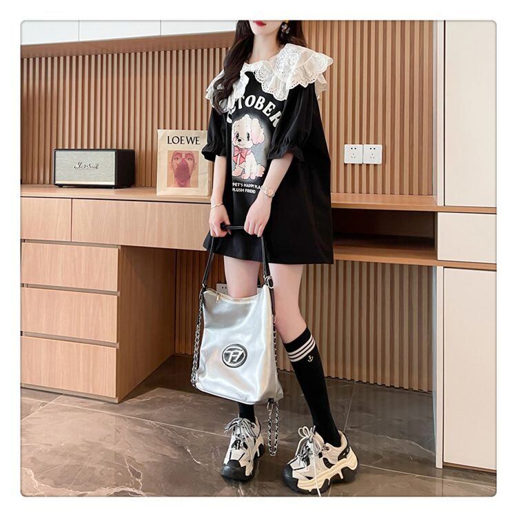 絶対流行 切り替え キュートプリント ゆったり 5分袖 Tシャツ＜S-8474＞