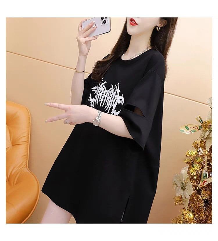絶対欲しい ロング プリント ドロップショルダー Tシャツ ゆったり半袖 ＜S-2880＞