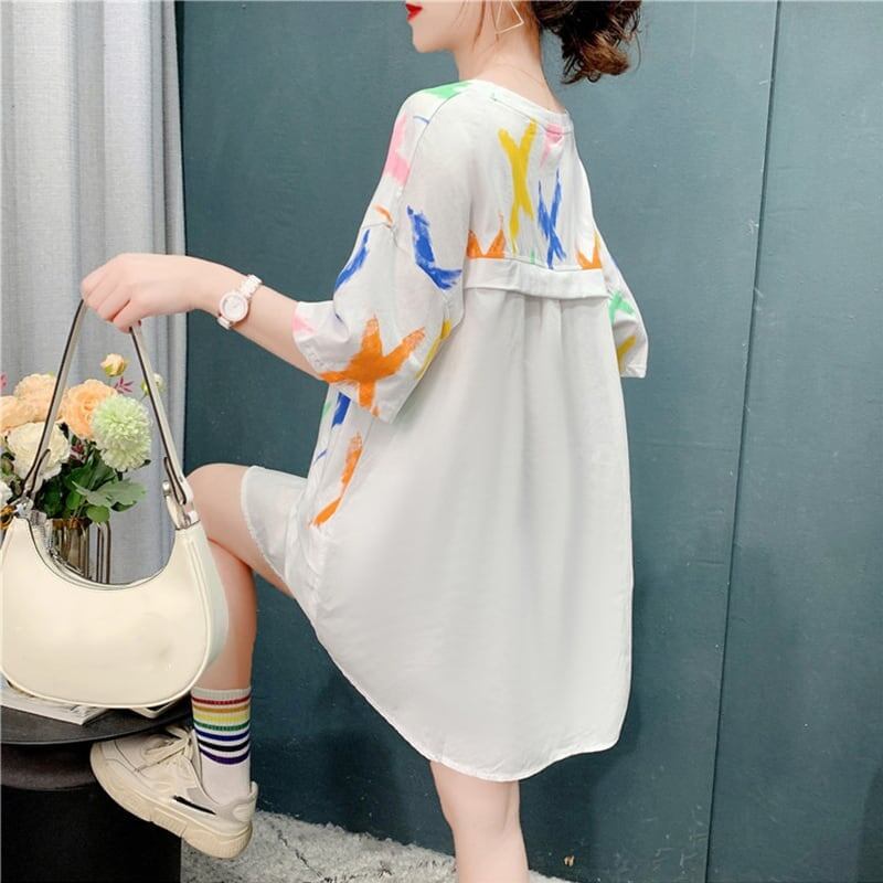 好感度満載 プリント 美感いっぱい 切り替え Tシャツ カットソー＜S-3110＞