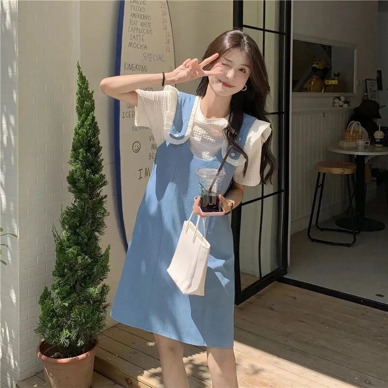 美人度アップ デニム 大人可愛い 全2色 半袖Tシャツ+サスペンダースカート セット<S-8782>