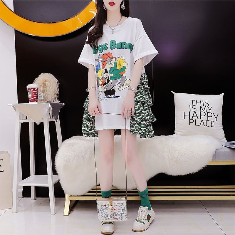デザイン感 プリント チャーミング Tシャツ カットソー ワンピース＜S-3508＞
