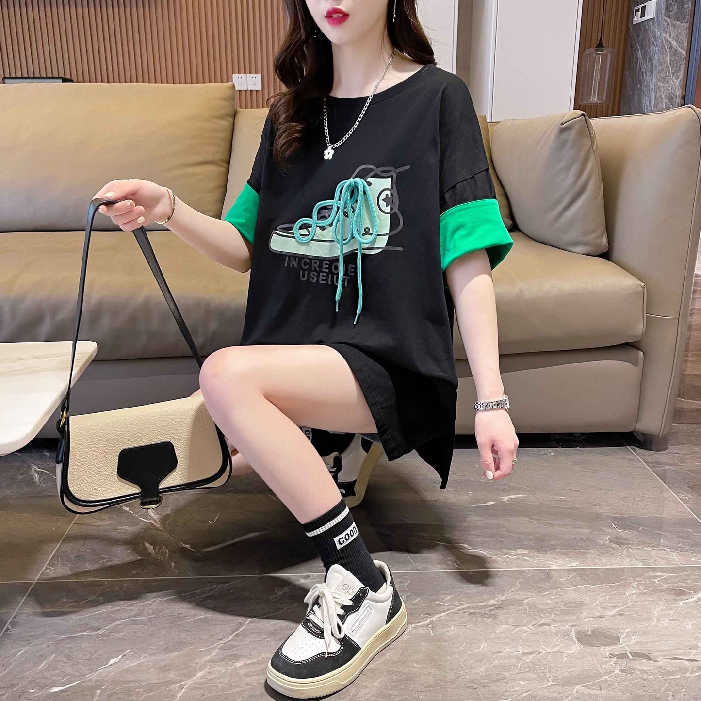韓国系 プリント ラウンドネック ロング Tシャツ ゆったり半袖 ＜S-2988＞