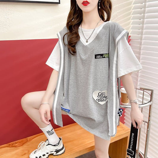 おすすめ アバンギャル 大活躍 ドレイヤード風 切り替え 全2色 半袖Tシャツ<S-8752>