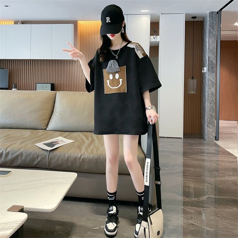 エレガントな立体ジャガードルーズウールパッチステッチ半袖Tシャツ<S-2901>