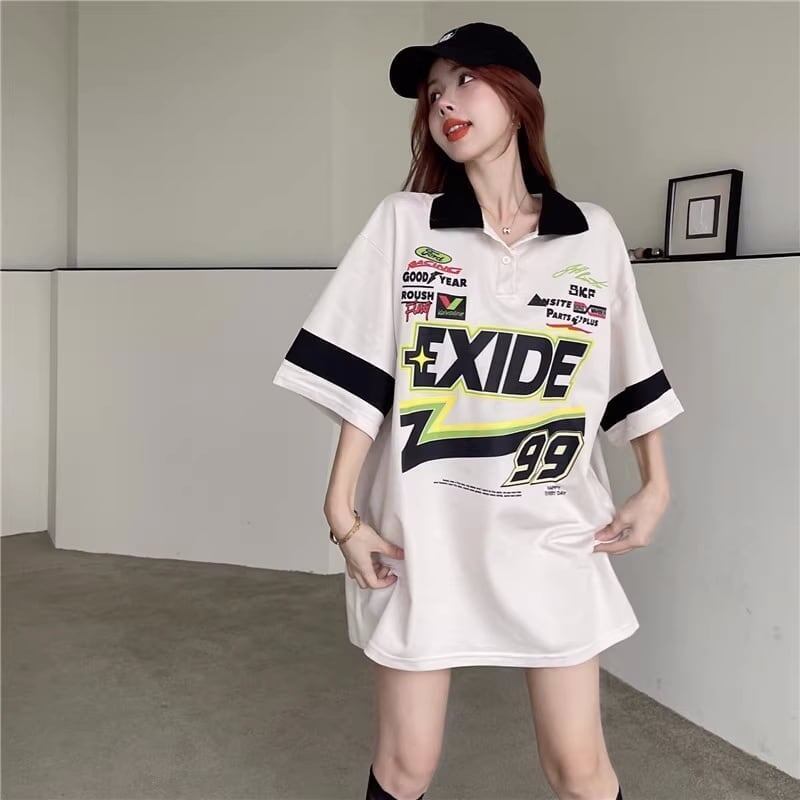 韓国系 オーバーサイズ POLOネック グラフィック ロング Tシャツ 三色 ゆったりワンピース＜S-4025＞