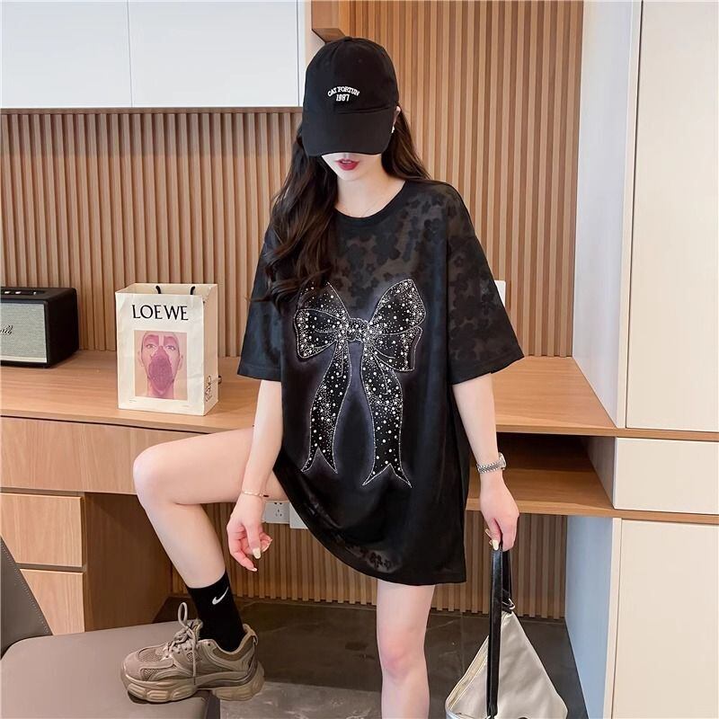 大人可愛い リボン カジュアル デザイン ゆったり 半袖 Tシャツ＜S-8659＞