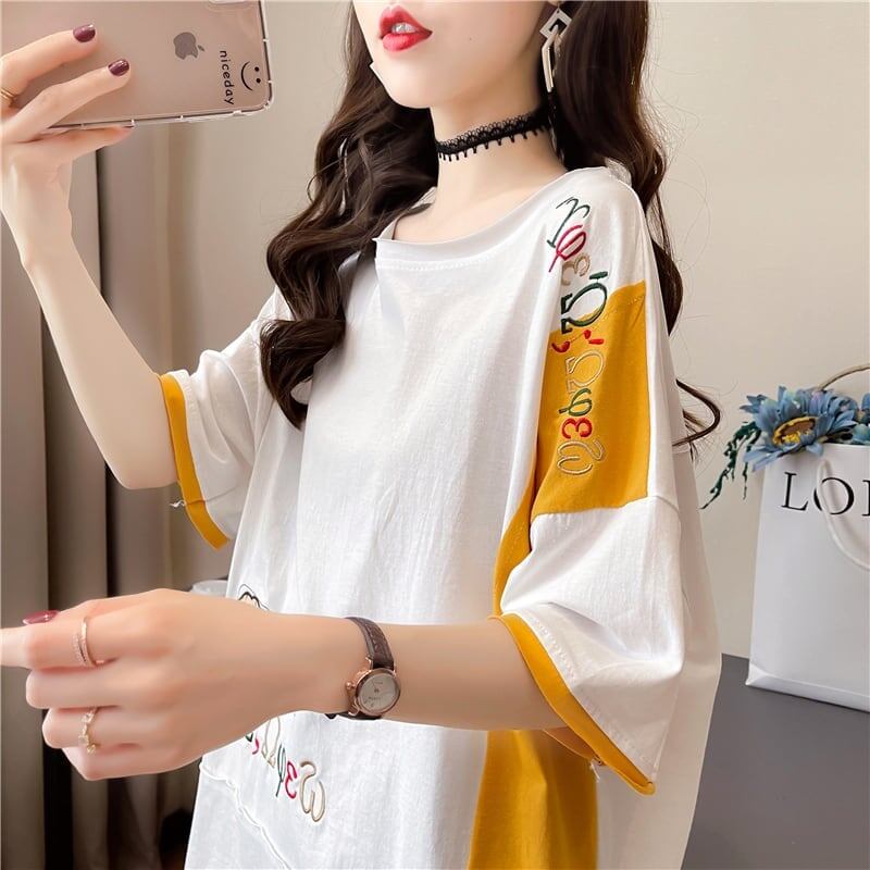 韓国風漫画刺繍ワッペン半袖Tシャツ<S-2991>