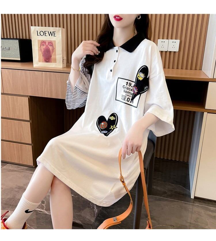 POLOネック 切り替え ストライプ柄 ロング Tシャツ ゆったりワンピース ＜S-3031＞