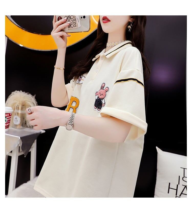 韓国系 ロング POLOネック Tシャツ 四色 ゆったり半袖 ＜S-2869＞