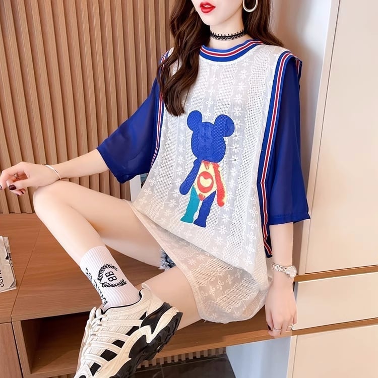 夏新作 レース ベアー カラーマッチング ロングTシャツ ゆったり5分袖 ＜S-2942＞