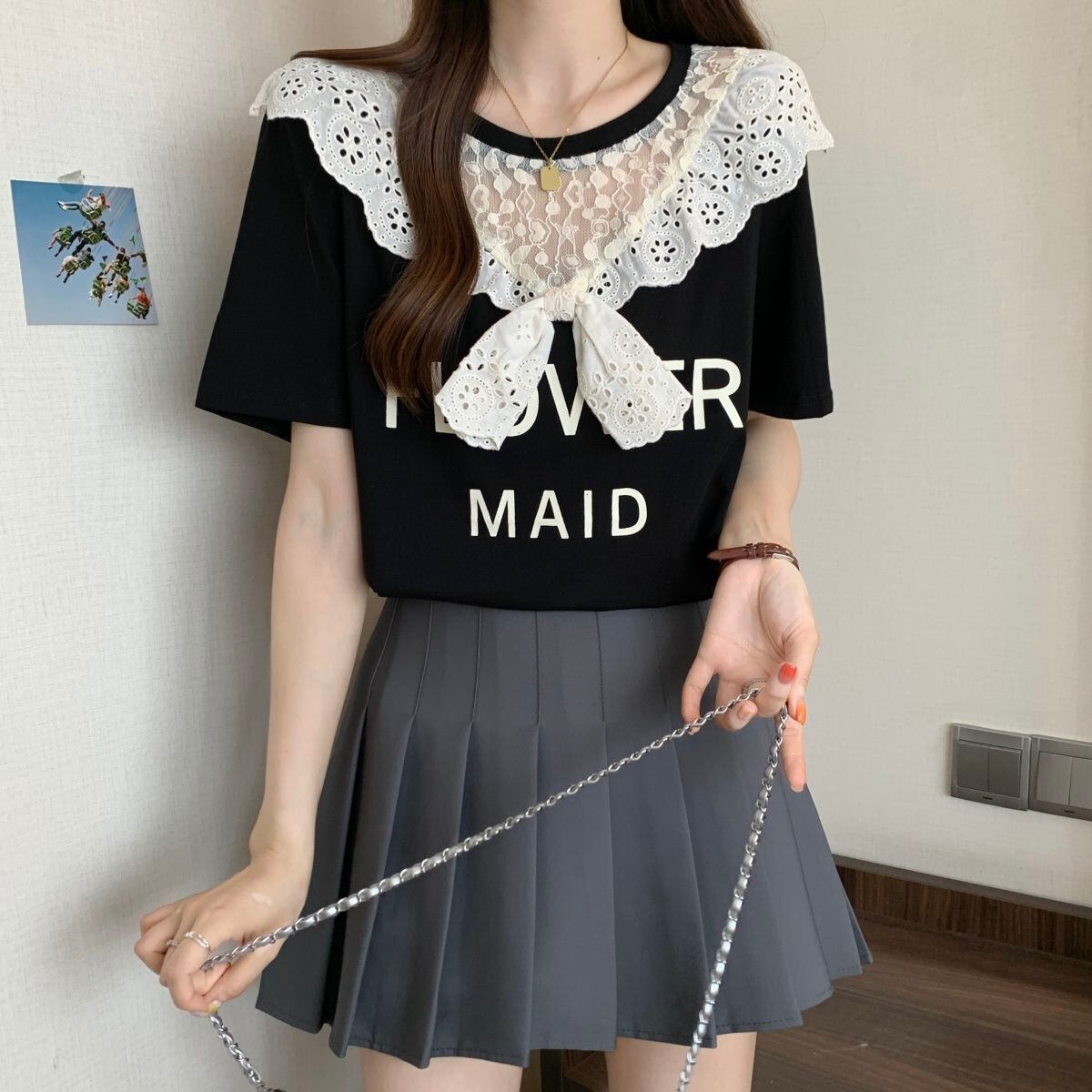超人気 レース スウィート 切り替え プリント 3色選択 半袖Tシャツ＜S-8825＞