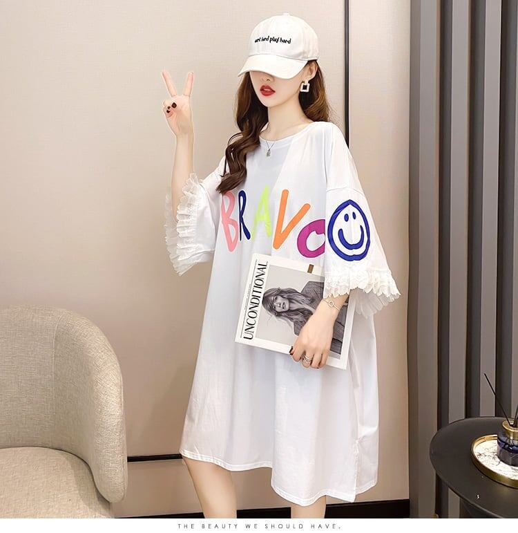 夏新作 アルファベット オーバーサイズ フリル プリントTシャツ 三色 ゆったり半袖＜S-3009＞