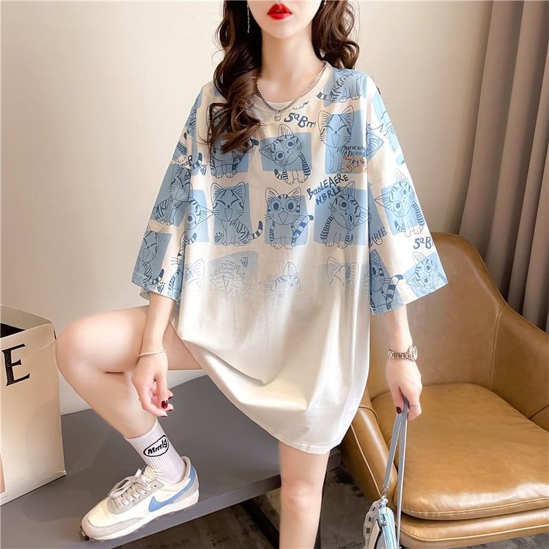 【半額！期間限定！！】大好評 プリント 猫柄 ロング Tシャツ 四色 ゆったりワンピース ＜S-4017＞
