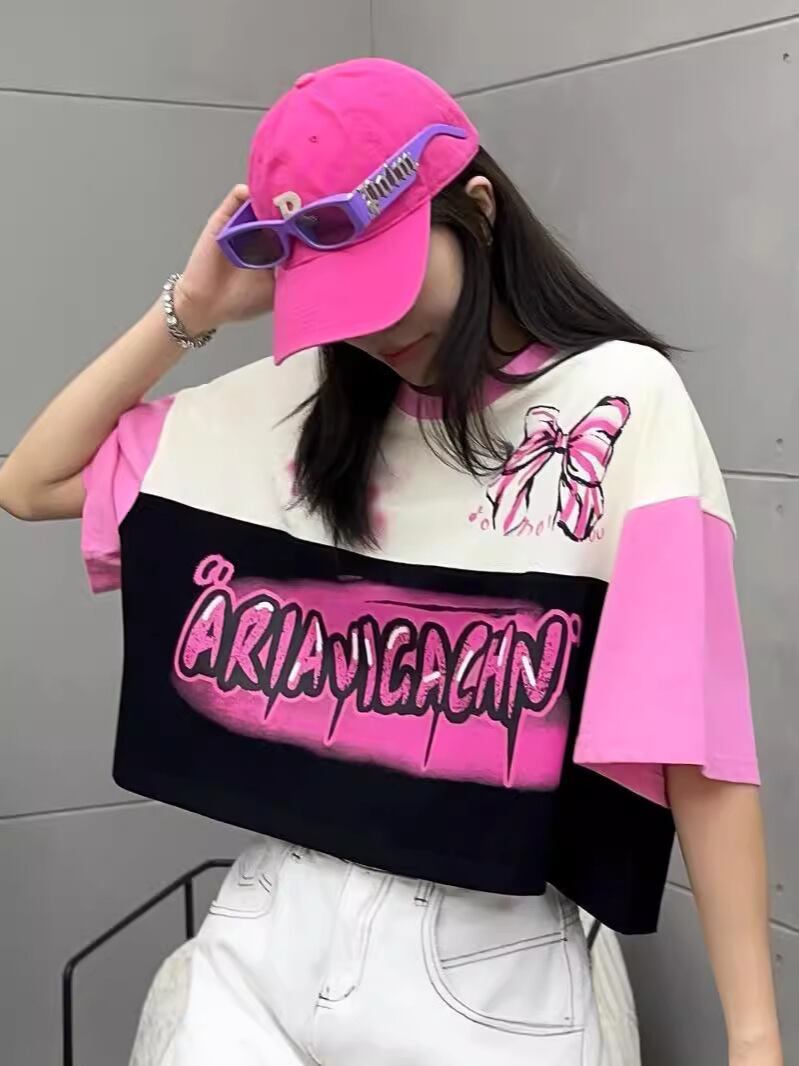 着回し力抜群 切り替え三色 韓国系 ゆったり半袖Tシャツ ＜S-8455＞