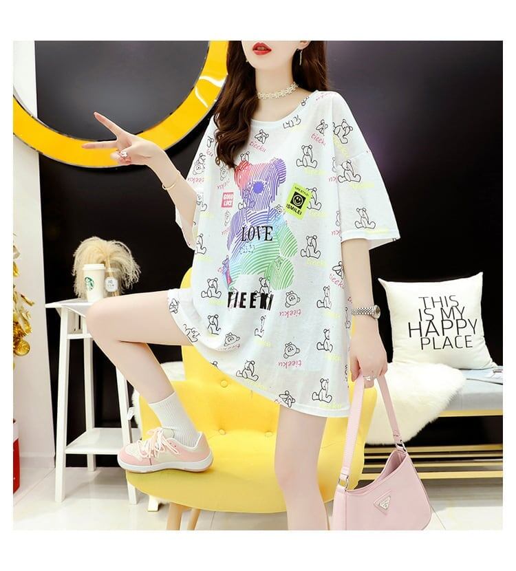 大活躍 プリント 熊柄 Tシャツ ラウンドネック ゆったり半袖＜S-3004＞