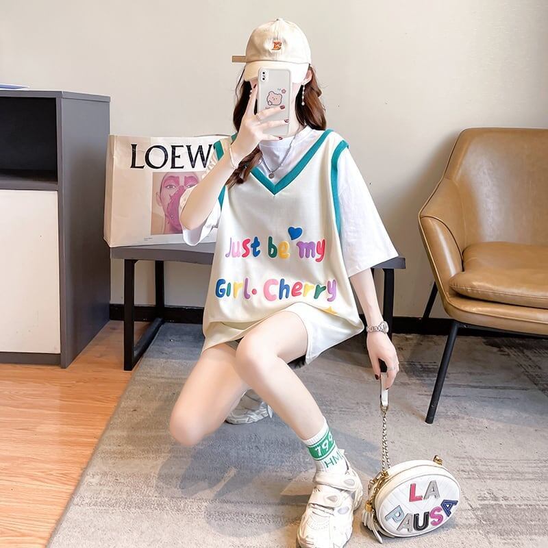 絶対欲しい レイヤード アルファベット Tシャツ ゆったり ロング 半袖 ＜S-2943＞